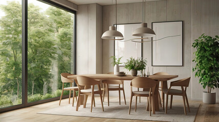 Obraz premium View of light wall with empty white frame in dining room interior in house, green plant and nature view from large window. 3D rendering