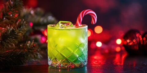 A Grinch-inspired neon green cocktail with glowing edges and a candy cane stirrer,