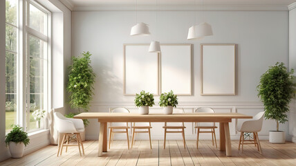 Fototapeta premium View of light wall with empty white frame in dining room interior in house, green plant and nature view from large window. 3D rendering