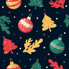 Christmas seamless pattern, New Year, Christmas wallpaper, Christmas tree, balloons, vector pattern, vector illustration