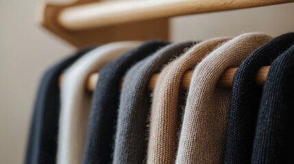  close-up of a wooden clothes rack with multiple rows of clothes hanging on it. The clothes are neatly folded and arranged in a row, with the colors of the clothes visible.