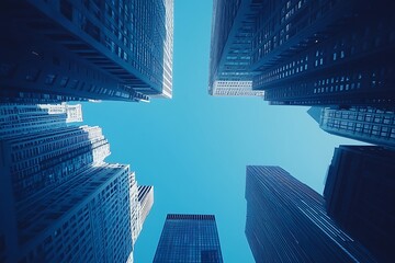 Upward View Metropolis Building Fronts, Geometric Windows, Blue Sky