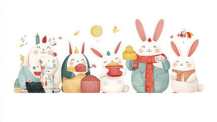 Obraz premium Whimsical cartoon style illustration of happy rabbits celebrating joyfully