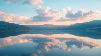 Fototapeta premium A serene landscape featuring a calm lake reflecting mountains and clouds under a pastel sky.