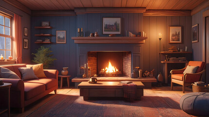 charming home interior in a living room in a lo-fi style, where they peacefully relax and listen to music, Christmas attributes,