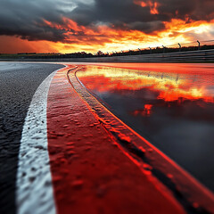 Close up of red and white line race track at sunset with blurred background generated.AI