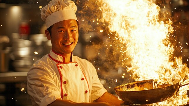 Chef professional kitchen exhibits flair flipping ingredients pan while flames leap dramatically capturing essence culinary arts and energy cooking.