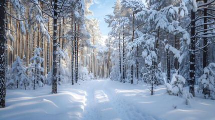 Obraz premium Tranquil Forest Wonderland: Majestic Pines and Pristine Snow Under a Brilliant Blue Sky