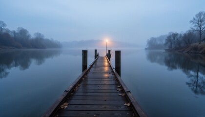 Idyllic view of the wooden pier in the lake with mountain scenery background. Alps in the early morning.