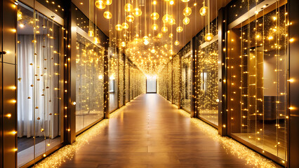 Fototapeta premium Elegant Office Hallway with Golden Christmas Lights and Warm Ambiance. Perfect for: Christmas, Corporate Events, Winter Parties