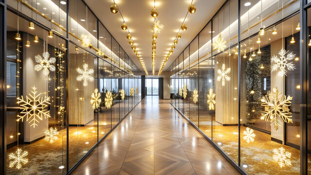 Elegant Office Hallway with Golden Fairy Lights and Snowflake Decals. Perfect for: Christmas, Seasonal Gatherings, Holiday Celebrations