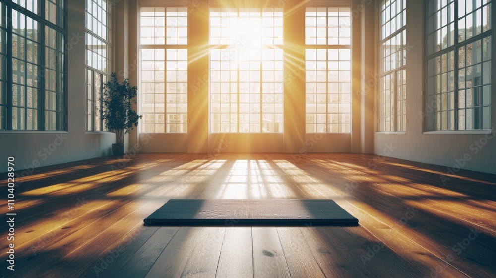 Poster bright sunlight streams into a spacious yoga studio with hardwood floors and large windows, illumina