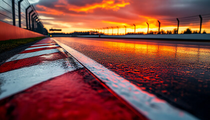 Close up of red and white line race track at sunset with blurred background generated.AI