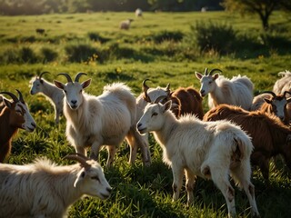 A herd of goats grazing in a field.