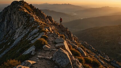 Fototapeta premium A hiker reaching the summit of a mountain as the sun sets.