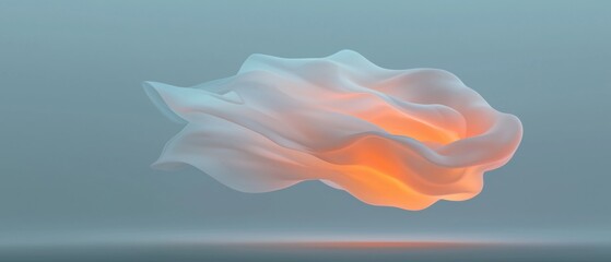 abstract digital art piece that appears to be floating in the air. The background is a light blue...