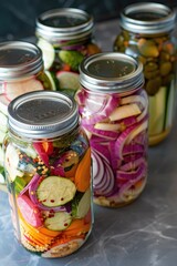 Jars filled with various vegetables, perfect for illustration or photography