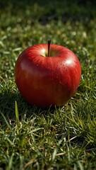 A juicy red apple sitting on lush green grass.