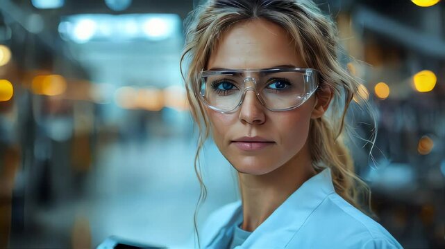 Close-up of a confident female manager in safety goggles and lab coat, overseeing industrial processes in a factory environment