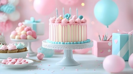 A pink and blue birthday cake with candles on top sits on a white cake stand