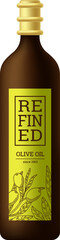 A bottle of olive oil is labeled Refined and is yellow