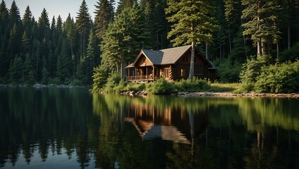 Fototapeta premium A lakeside cabin with tall trees, capturing nature's serenity.