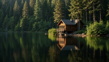 Obraz premium A lakeside cabin with tall trees, capturing nature's serenity.