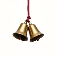 a pair of brass bells hanging from a red rope