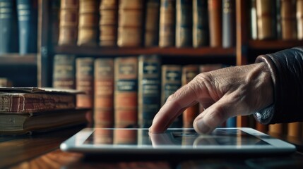 A person using a tablet in front of a bookshelf, perfect for educational or lifestyle images