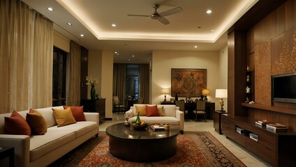 A lavish apartment blending contemporary and traditional Indian styles.