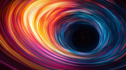 Fototapeta premium A swirling vortex of space-time, with colorful light trails stretching into infinity. The black hole recedes into the background.