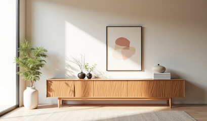 decorated wooden cabinet with warm tones, minimalism