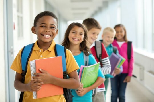 Students of diverse backgrounds gather in a school corridor, smiling and holding colorful folders. Their cheerful expressions reflect the excitement of learning as they prepare for the upcoming activi