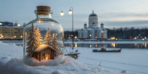 Winter landscape featuring a snow globe with a cabin and illuminated trees against a serene waterfront backdrop