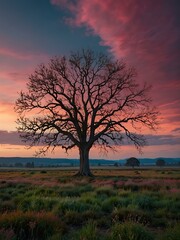 Obraz premium A lone tree in a vibrant landscape with a pink and blue sky.