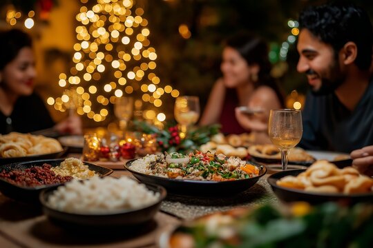 Christmas celebration, party, New Year, Happy Latin American, Hispanic, Mexican friends family together sitting table concept, tasty dishes, meals, smiling, talking to each other, cozy background.