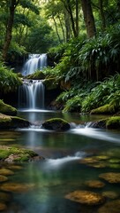 A lush forest scene with cascading water, creating tranquility.