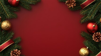 A festive red backdrop adorned with lush fir branches, sparkling ornaments, and rustic pine cones, creating a warm holiday atmosphere.