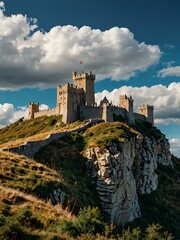 Obraz premium A majestic castle on a cliff against a blue sky with fluffy clouds.