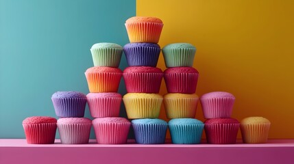 A stack of colorful cupcakes with different flavors and colors