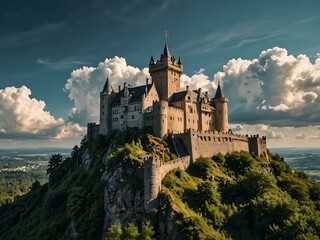 Obraz premium A majestic castle on a cliff with a sunny sky and fluffy clouds.