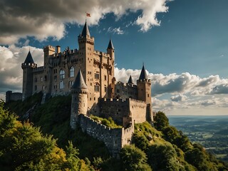 A majestic castle on a cliff with a sunny sky and fluffy clouds.