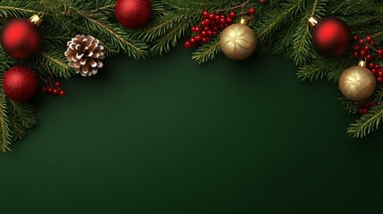 Naklejka premium A festive array of Christmas decorations, featuring vibrant balls and rustic pine cones, set against a lush green backdrop, evoking holiday cheer and warmth.
