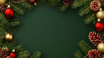 A festive Christmas wreath adorned with pine cones and vibrant ornaments, set against a rich green backdrop, radiating holiday cheer and warmth.