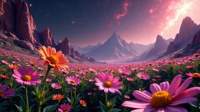 Daisies Blooming on Alpha Centauri, Futuristic Floral, Alien Landscape