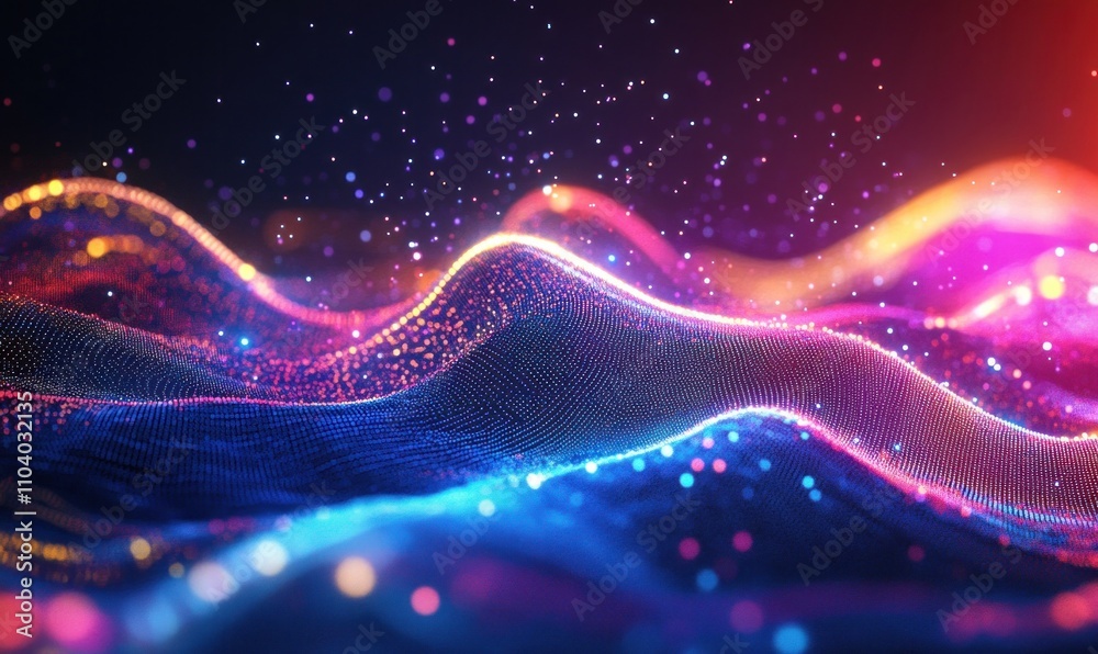 Sticker colorful abstract waveforms with glowing particles