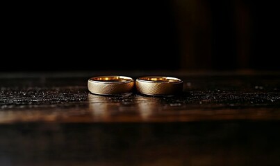 Two gold wedding rings on a dark wooden surface.