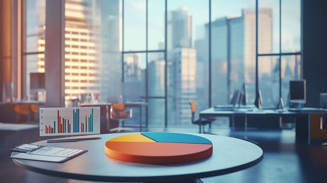 Strategic business plan with a pie chart and bar graphs, concept of company direction and goals.