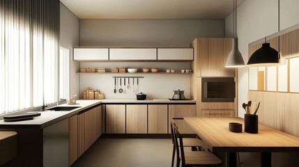 Fototapeta premium Modern Scandinavian Home Decor Modern and natural materials . A living room with a casual layout, plush, neutral-toned sofa and coffee table. Layer with modern art pieces and metal accent