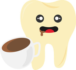 Cartoon illustration of a tooth holding a coffee cup, large round eyes, open mouth with a red tongue, and a brown stain.
